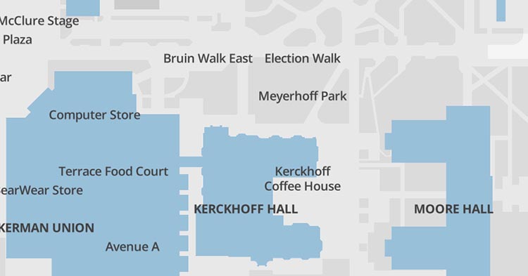 Map of Ackerman Bruin Reflection Space & Kerckhoff Lounges