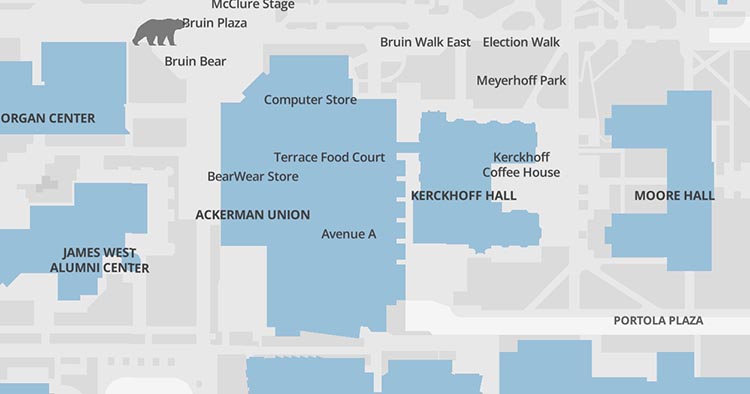 Map of Ackerman Bruin Reflection Space & Kerckhoff Lounges